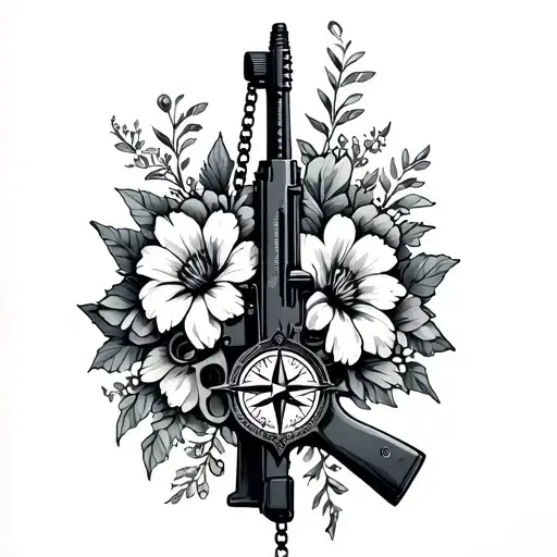 A Ak47 Standing Up Straight With Flowers Around It And A Compass On A Chain Hanging From It
