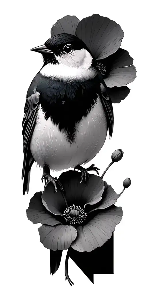 Titmouse Perched With Poppies And Geometric Shapes