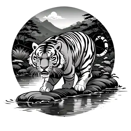 Shotokan Tiger Walking Across A Creek In A Japanese Garden