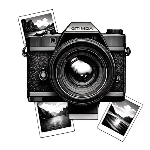 Black And White Camera Tattoo With Landscape In The Lens Surrounded By Polaroid Photos