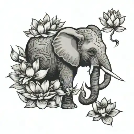 Elephant And Lotus Flower Blooming
