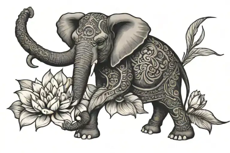 Elephant And Lotus Flower Surrounded