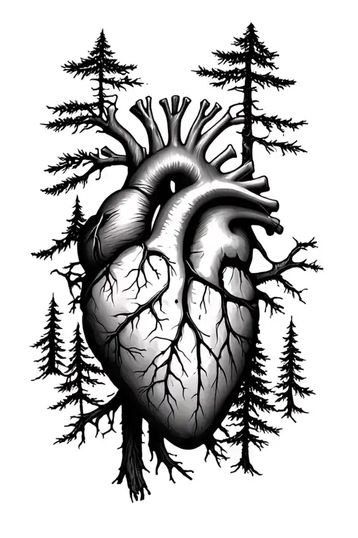 Anatomical Heart And Pine Forest Scene
