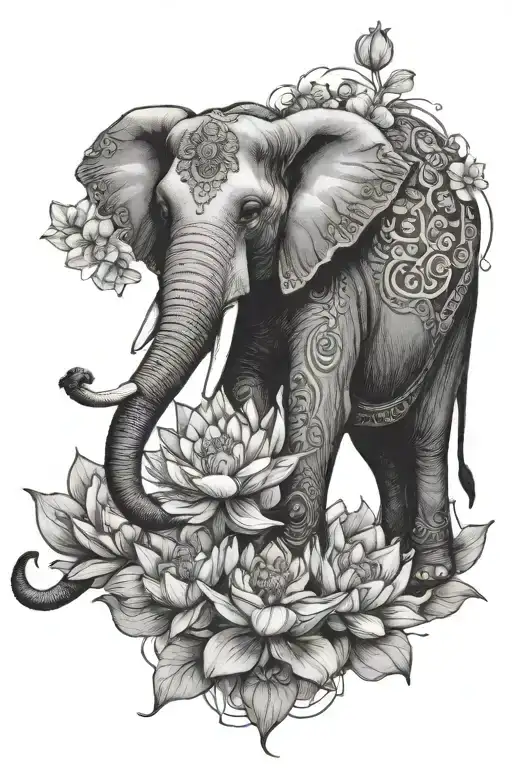 Elephant Standing On And Surrounded By 6 Lotus Flowers Flowers