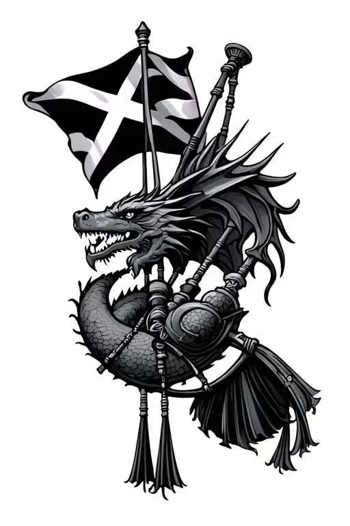 Bagpipes With Scottish Flag And Dragon Flying