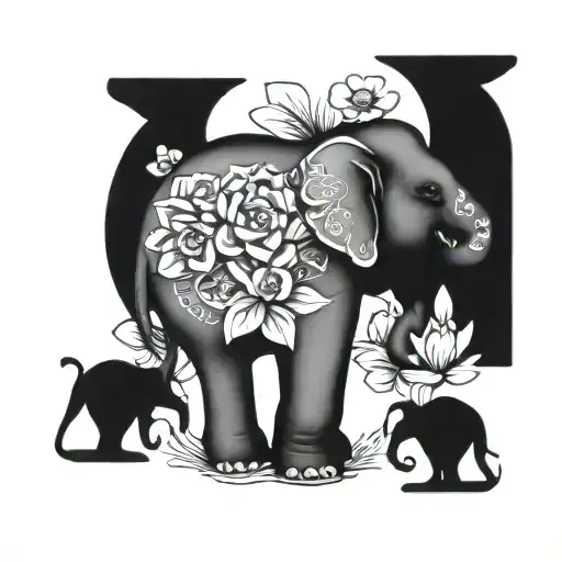 Elephant Standing On And Surrounded By 6 Lotus Flowers Flowers