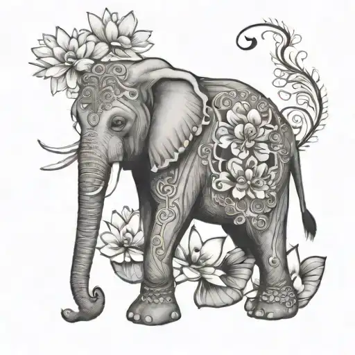 Elephant Standing On And Surrounded By 6 Blooming Lotus Flowers