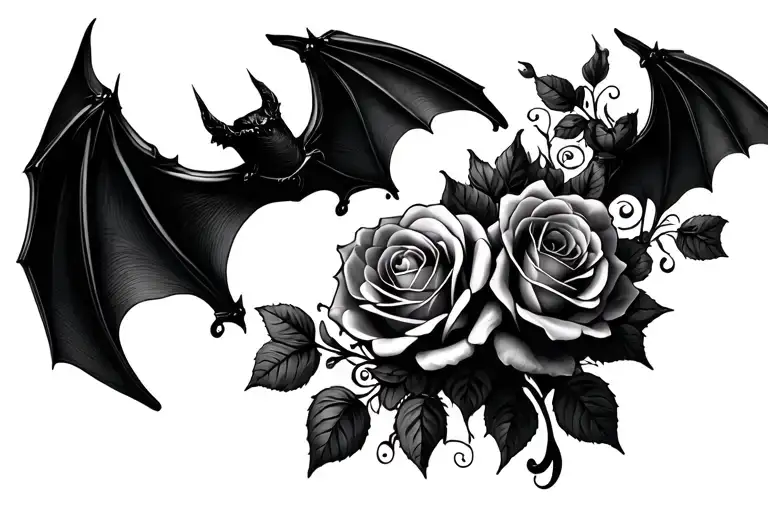 Gothic Roses And Bats Flying
