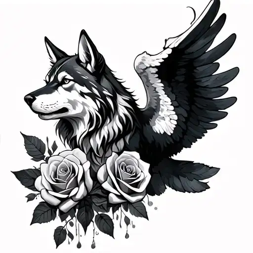 Roses Wolf Angel Falling