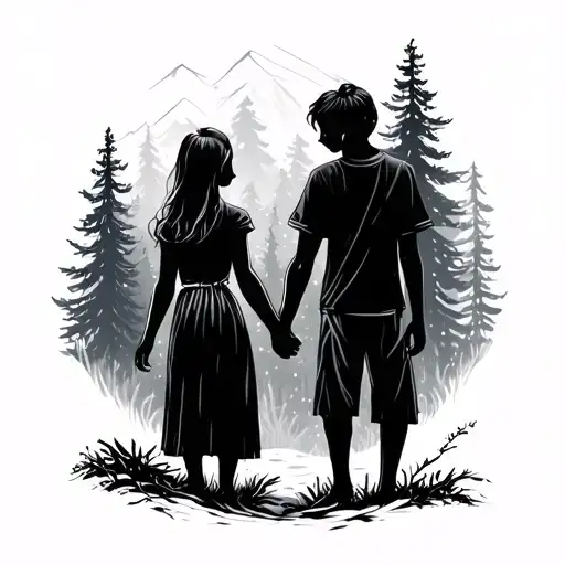 Brother And Sister Holding Hands In The Forest Landscape