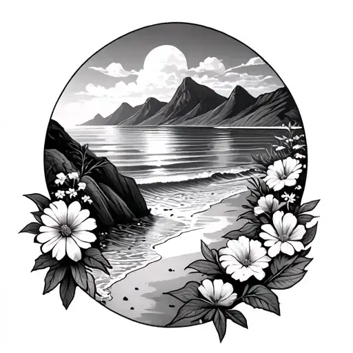 Beach And Mountains Filled With Flowers