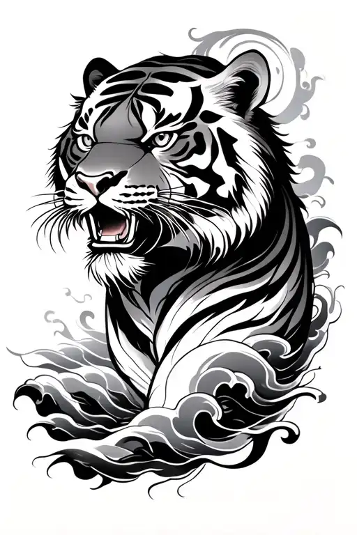 Chinese Style Tiger With Waves Around It