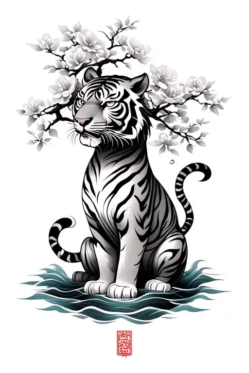 Chinese Style Tiger With Waves Around It Blossom Tree In The Background