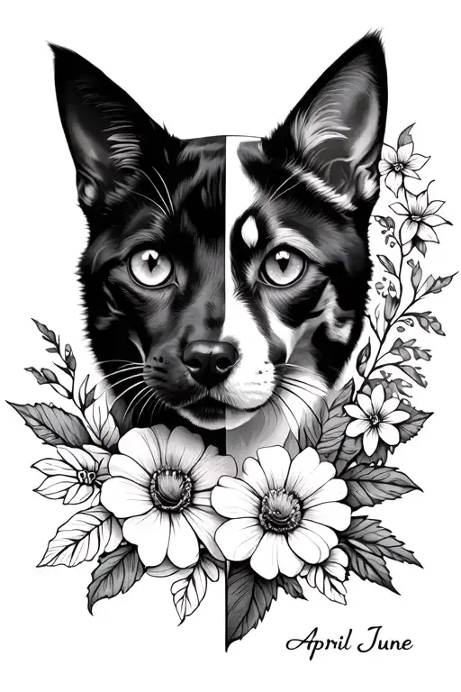 Half Face Of Cat And Half Face Of Dog With Names And April And June Birth Flowers
