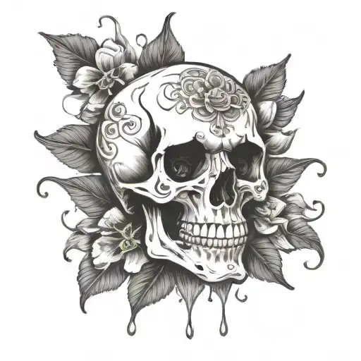 A Skull With Petals Falling From Its Eye Sockets Like Tears Mirroring Itself