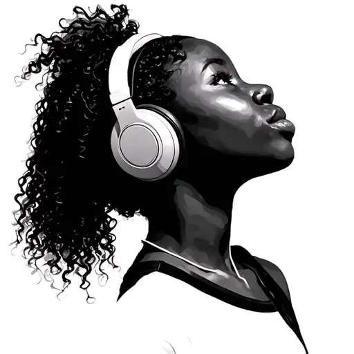 Black Girl With Headphones Looking Up And To The Right