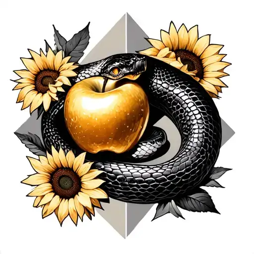 Snake With Gold Apple In Its Mouth Surrounded By Sunflowers And Geometric Shapes