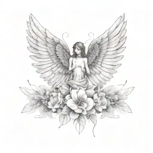 Angel Wings With Finger Print In Middle And Pippy Flowers