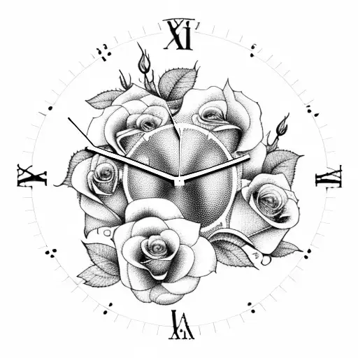 A Clock Surround By Roses And Hibiscus Flowers And Butterflies
