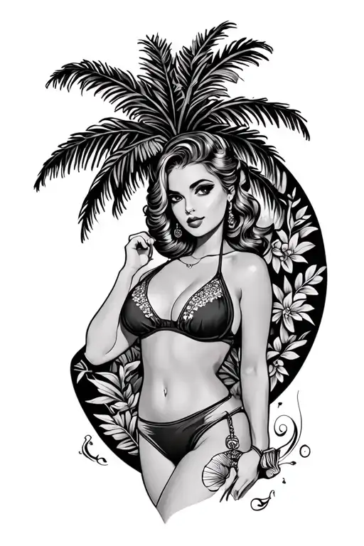 Cute Pinup Girl Bikini Palm Tree American Traditional