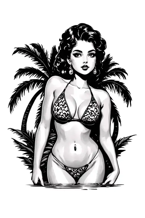 Cute Pinup Girl Bikini Palm Tree American Traditional Minimalist Simple