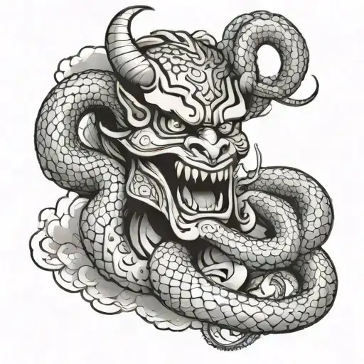 Clouds With A Snake And An Oni Demon Mask