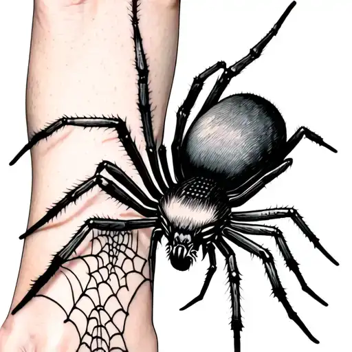 Big Spider On The Forearm With Webbing Going To The Elbow