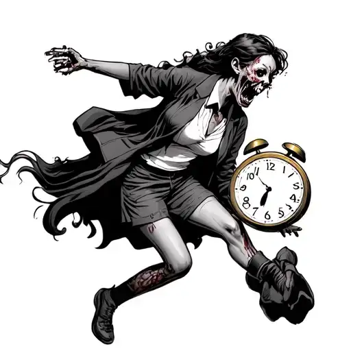 Zombie Chasing Adult Student Woman Holding A Clock