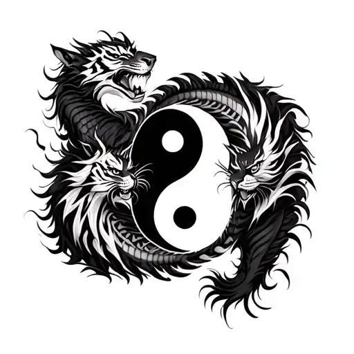 Black Dragon And White Tigers Yin Yang Symbol