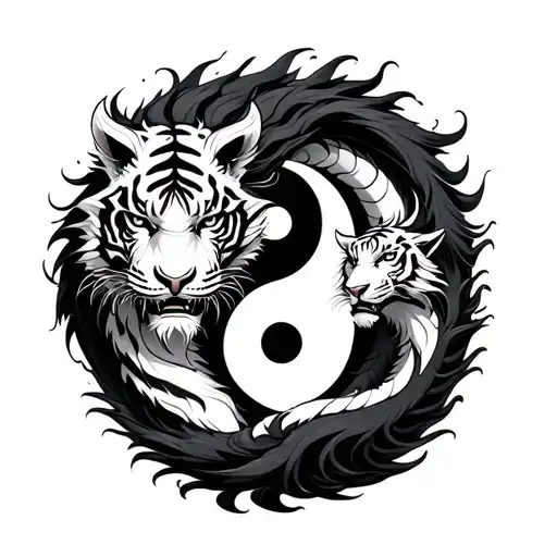 Black Dragon And White Tigers Yin Yang Symbol