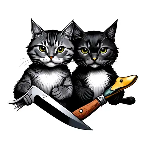 Matching Cat And Duck Holding A Knife