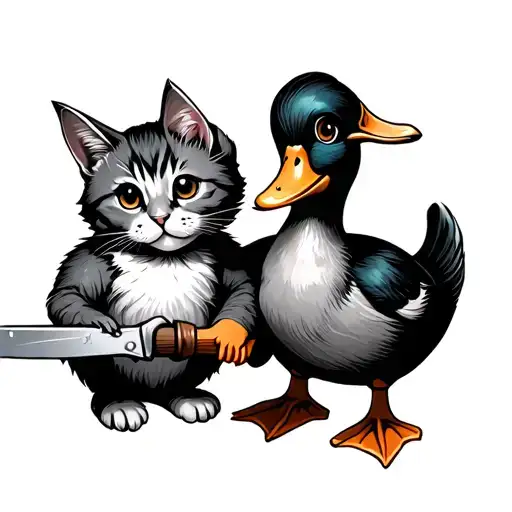 Matching Cat And Duck Holding A Knife