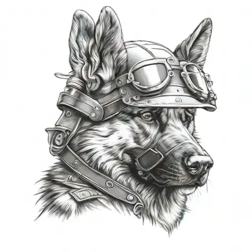 A Realistic Portrait Of A German Shepherd Wearing A Motorcycle Helmet