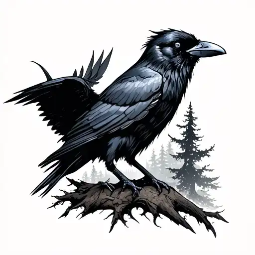 Whitch With A Raven In A Forest