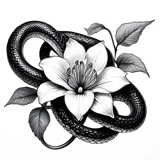Snake Wrapped Around Orcid Flower Intertwined
