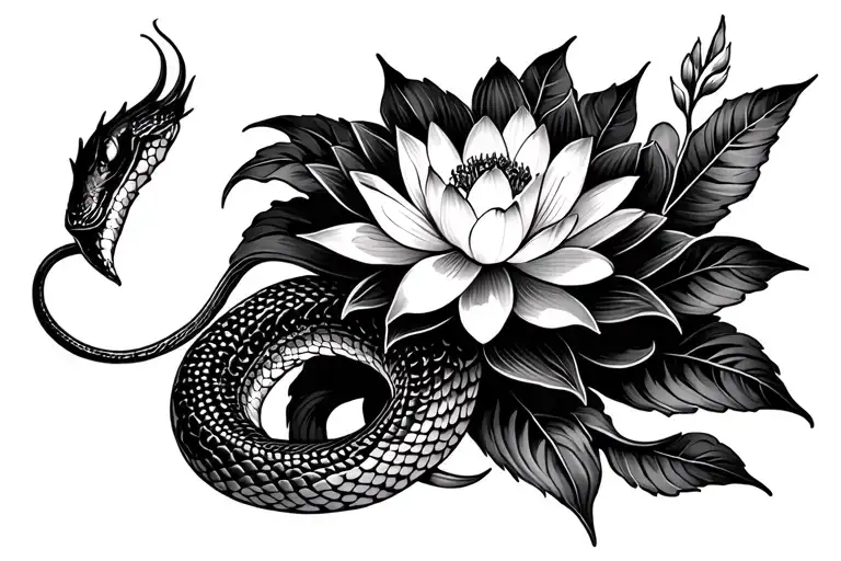 Snake And Flowers Blooming Lotus Flower
