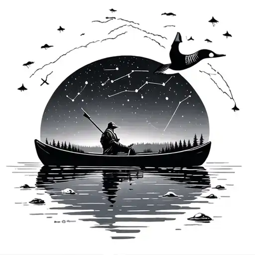 Man In Canoe On Lake Under Constellations With Loon On Water