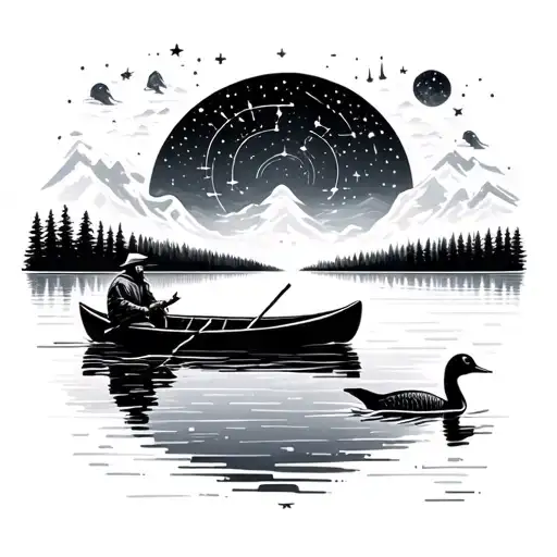 Man In Canoe On Lake Under Constellations With Loon On Water