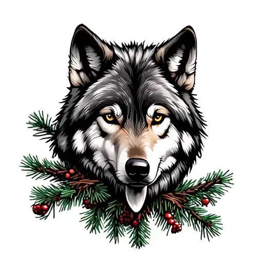 Wolf And Spruce Branches