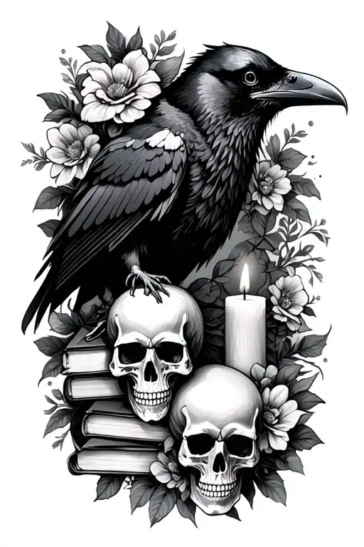Raven With Books A Skull And A Candle With Flowers