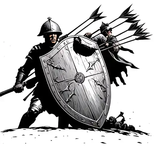 Wall Of Troy With A Soldier In The Distance Taking Cover Under His Shield From A Volley Of Arrows