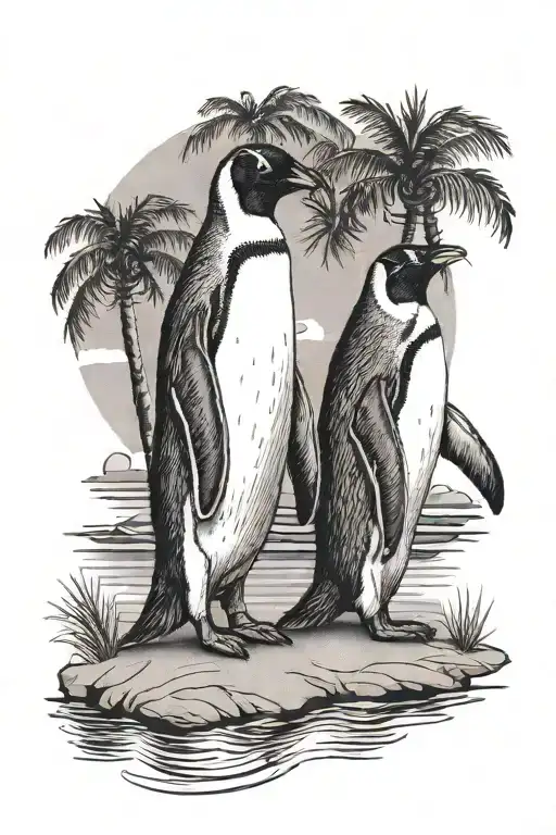 2 Penguins On A Beach Holding Hands Under A Palm Tree