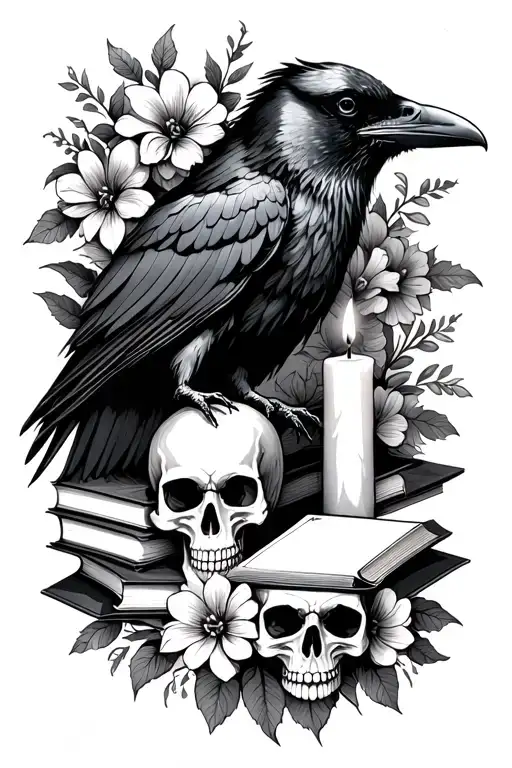 Raven With Books A Skull And A Candle With Flowers