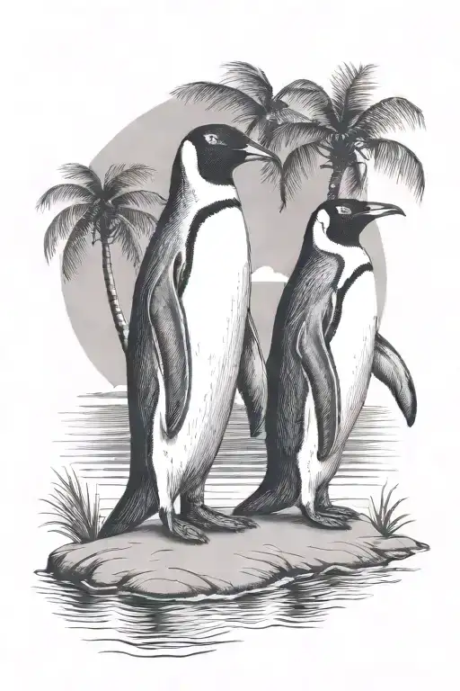 2 Penguins On A Beach Holding Hands Under A Palm Tree
