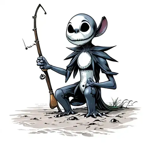 Stitch On Beach Fishing In Jack Skellington Costume