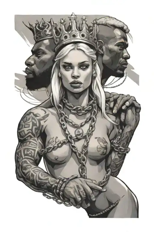 Nude Slim Young Blonde European Girl Wearing Chains Leashed By Muscular African Man With Crown