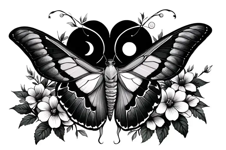 Luna Moth With Flowers And Moon Phases