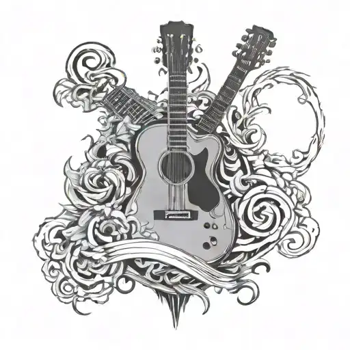 Create A Tattoo Featuring A Guitar Surrounded By Ominous Symbols Representing Bad Omens