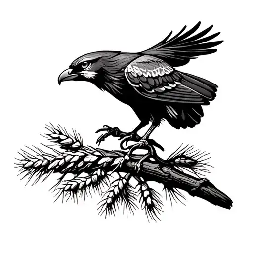 Simple Falcon With Wheat On A Pine Tree