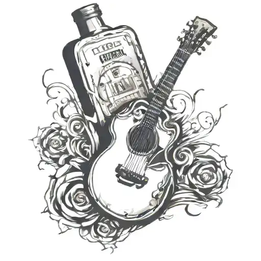 Guitar Body Filled With A Soccer Ball And A Whiskey Flask